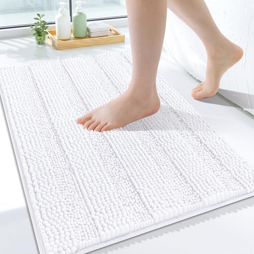 Grandaily Chenille Striped Bathroom Rugs 24x16, Extra Thick and Soft Absorbent Bath Mats, Rubber Backing, Plush Shaggy Shower Carpet, Machine Wash Dry, Bath Rug for Bathroom, Solid White - color: Solid White, size: 24" X 16"