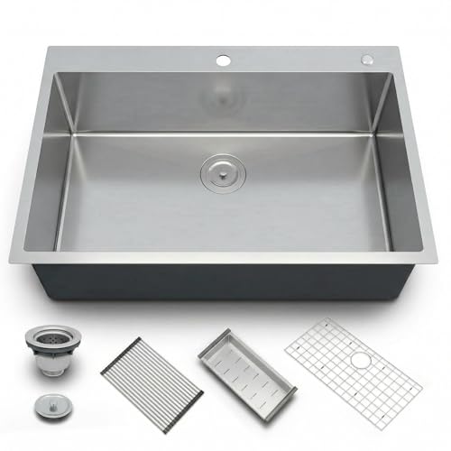 Kitchen Sink, Stainless Steel Workstation Basin, Deep Single Bowl with Ledge Design, Includes Drain Assembly, Grid, and Accessories, Undermount/Drop-in, 33 x 22 x 10 inch, Without Ledge - color: Without Ledge, size: 33 x 22 x 10 inch