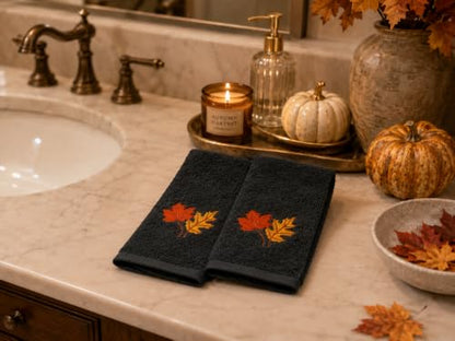 Harvest Fall Fingertip Towels for Bathroom: Autumn Plush Dark Grey Gray Autumn Leaf Design, 100% Cotton Towels, Set of 2, 12" x 18" - color: Autumn Leaf Grey