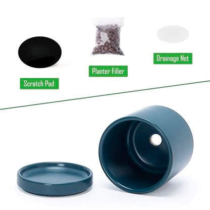 D'vine Dev 4-Pack Ceramic Pots with Saucers, Teal, 3.5 in, 94-X-A-9 | Glazed Ceramic, Drainage Hole and Saucer, Sleek Cylinder Shape, High Temperature Fired, Ideal for Small Houseplants - color: Teal, size: 3.5 Inch