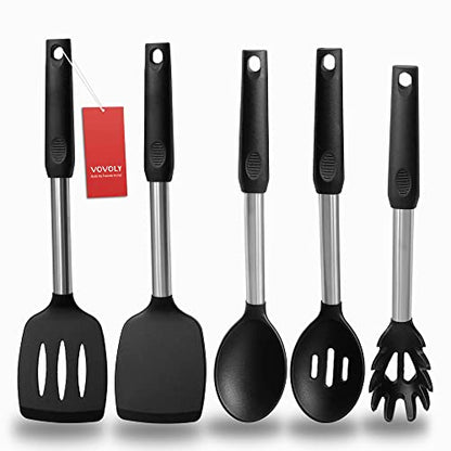Silicone Spatula and Cooking Spoon,5 Pack Non-Stick Cooking Utensils for Kitchen，Heat Resistant Solid & Slotted Spoons and Spatulas, Stainless Steel Handle Coated with Silicone,Black - color: Black