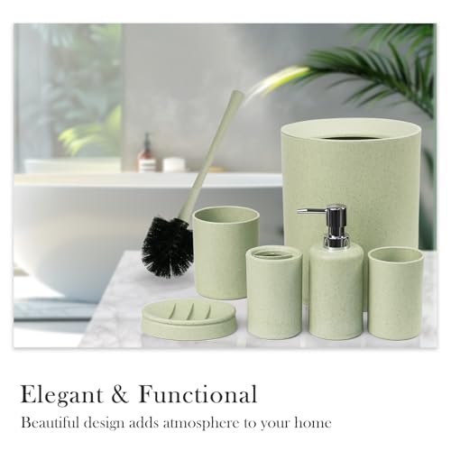 CERBIOR Bathroom Accessories Set 6 Piece Wheat Straw Bath Ensemble,Green | Includes Soap Dispenser,Tooth Brush Holder,Toothbrush Cup, Soap Dish for Decorative Countertop and Housewarming Gift - style: Green