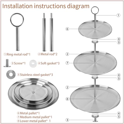 3 Tier Silver Cupcake Stand Stainless Steel Dessert Display Rack with Removable Tiered Tray for Parties,Weddings,Birthdays,Decorations,Any Festivals and Festivities(Stainless Steel Pole)