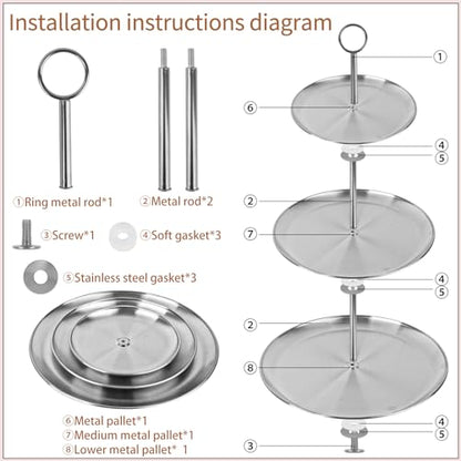 3 Tier Silver Cupcake Stand Stainless Steel Dessert Display Rack with Removable Tiered Tray for Parties,Weddings,Birthdays,Decorations,Any Festivals and Festivities(Stainless Steel Pole)