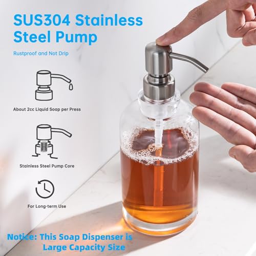 Glass Soap Dispenser Clear with Brushed Nickel Pump, 16.9 OZ Liquid Soap Dispenser Cylindrical with Stainless Steel Pump for Dish Hand Soap Bathroom Kitchen Vanity Countertop - color: Brushed Nickel, size: 16.9 oz
