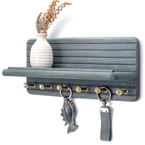 Rebee Vision Key Holder Wall Mount with Shelf for Home Decor, RoyalBlue | Key Holder for Wall, 6 Key Hooks,Pine Wood, Floating Shelf, Mail Organizer, Apartment Essential for Room Improvement - color: Royalblue, size: Medium-11inch