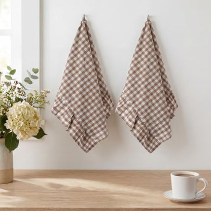 HunnmingRe Taupe Kitchen Towels Set of 2, 100% Cotton Ruffled Gingham Dish Towels 18"x28" Tea Cloths Classic Plaid Pattern for Farmhouse Charm, Drying Dishes, Entertaining Guests - color: Taupe, style: Gingham