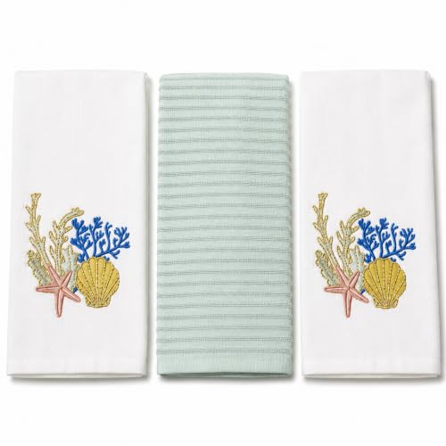 Coastal Kitchen Towels- Set of 3 Sage White 100% Cotton Embroidered Elegant Coastal Shells Gold Coral Design - 16 x 26 Multipurpose Towels for Everyday Use - color: Coastal Shells Coral