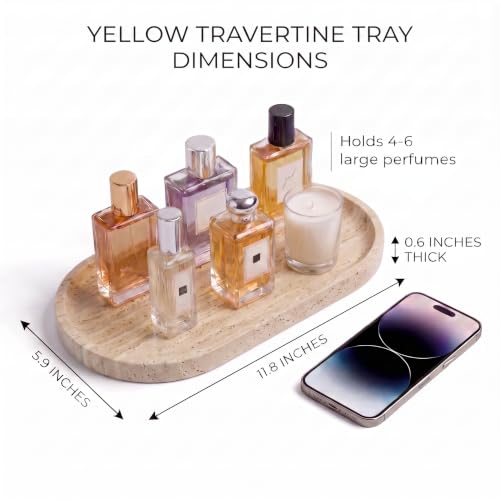 YKAJO Natural Travertine Beige Oval Marble Tray, 11.8x5.9 Vanity Organizer | Honed natural stone; jewelry & trinket dish, ring & key holder, soap & candle catchall; bath counter, dresser, coffee table - color: Natural Travertine Beige, size: 11.8" x 5.9"