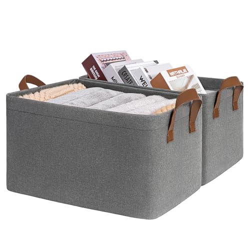 CHICVITA 20L Fabric Storage Baskets for Shelves, Metal Frame, 2-Pack, Grey | 14 ¾" L x 10 ¼" W x 8 ¼" H, Leather Handles, Clothes, Towels & Shoes Storage, Closet, Bedroom & Entryway Organization - color: Grey, size: 14 ¾" L x 10 ¼" W x 8 ¼" H
