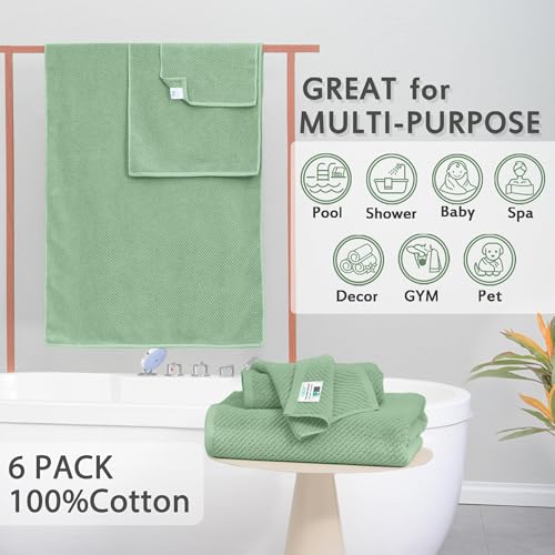 VOOVA & MOVAS 6PC Towel Set, 100% Cotton, Mint | 2 Large Bath 30x56 In, 2 Hand 18x28 In, 2 Wash Cloths 13x13 In, Quick Dry, Thick, Soft, Towel Gift Set - color: Mint Green, size: 6 PC Bathroom Towel Set