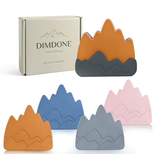 Mountain Silicone Coasters 5-Piece Set with Holder, Thick Waterproof Drink Coaster Set, Rustic Cabin Decor, Coffee Table Accessories, Home Office Desk Decor, Dawn Earth - color: Dawn Earth