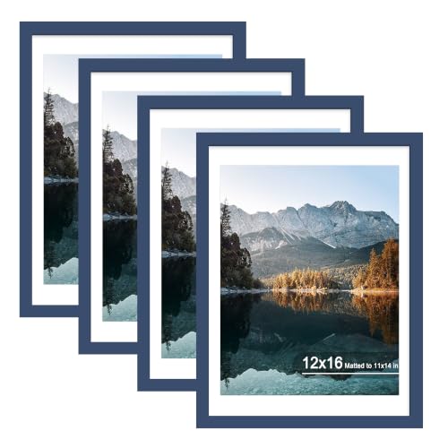 12x16 Picture Frame Set of 4 with Real Glass, Wall Mount | Displays 11x14 with Mat or 12x16 without Mat, Crystal-Clear Viewing for Family Photos and Gallery Walls, Blue - color: Blue, size: 12x16 in