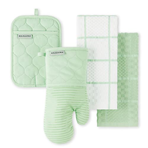 KITCHENAID Quilted Cotton Terry Cloth Oven Mitt, Pot Holder, Kitchen Towel 4-Pack Set, Heat Resistant, Silicone Grip, 16"x26", 7"x13" & 7"x10", Pistachio - color: Pistachio