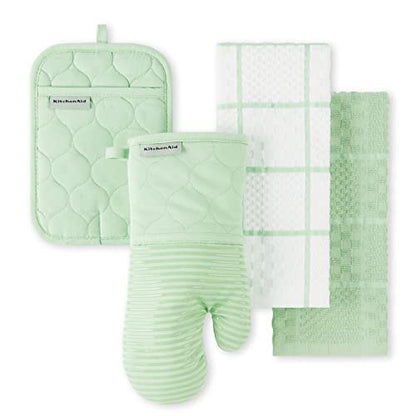 KITCHENAID Quilted Cotton Terry Cloth Oven Mitt, Pot Holder, Kitchen Towel 4-Pack Set, Heat Resistant, Silicone Grip, 16"x26", 7"x13" & 7"x10", Pistachio - color: Pistachio