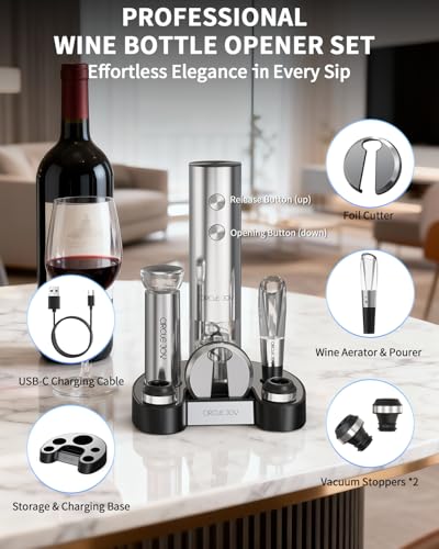 CIRCLE JOY Electric Wine Bottle Opener Set Stainless Steel Rechargeable Wine Opener 8-in-1 Wine Gift Set with Charging base, Foil Cutter, Wine Aerator Pourer, Vacuum Pump & 2 Wine Stoppers, Silver - color: 8-in-1 Silver