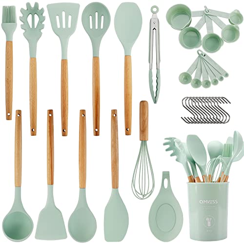 QMVESS Silicone Kitchen Utensils Set, 35 Pcs Non-Stick Cooking Utensils Set, Sturdy Insulation Wooden Handle Kitchen Accessories for Cooking with Spatula Set and Spoons Set Gadgets (Light Green) - color: Light Green