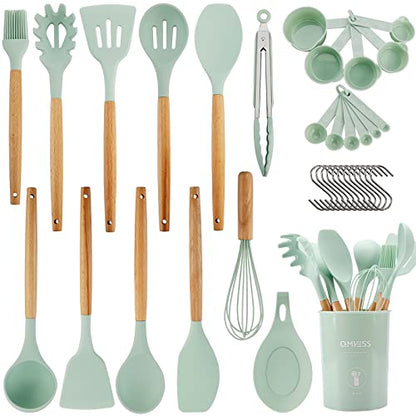 QMVESS Silicone Kitchen Utensils Set, 35 Pcs Non-Stick Cooking Utensils Set, Sturdy Insulation Wooden Handle Kitchen Accessories for Cooking with Spatula Set and Spoons Set Gadgets (Light Green) - color: Light Green
