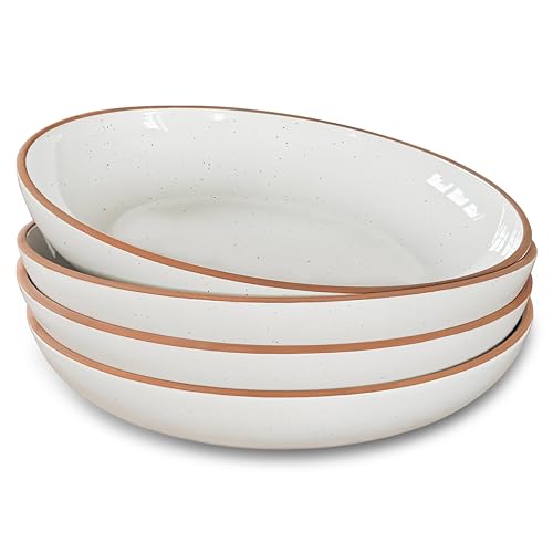Mora Ceramic Large Pasta Bowls 30oz, Set of 4 - Serving, Salad, Dinner, etc Plate/Wide Bowl - Microwave, Oven, Dishwasher Safe Kitchen Dinnerware - Modern Porcelain Stoneware Dishes, Vanilla White - color: Vanilla