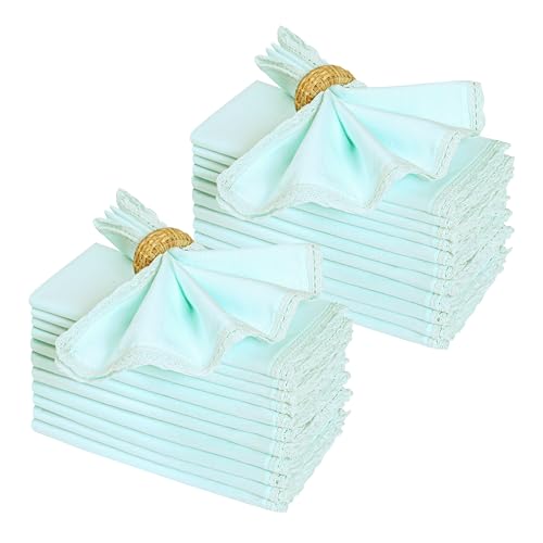 Ramanta Home Baby Blue Linen Flax Cloth Napkins Set of 24, 18x18 Inches | Flax Lace Cotton Linen Reusable Decorative Scalloped Dinner Napkins with Mitered Corners for Weddings, Everyday Use - color: Baby Blue, size: 18" x 18" (Set of 24)