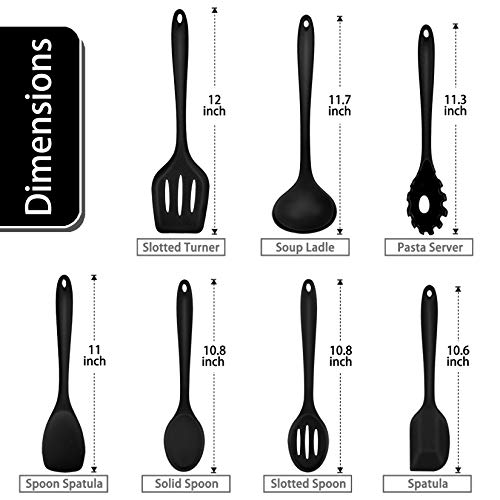 P&P CHEF Black Kitchen Utensils, Silicone Cooking Utensil Set of 7 | Soft Spatula for Nonstick Cookware, Slotted Turner, Soup Ladle, Pasta Server, Spoon for Cooking, Dishwasher Safe & Heat Proof - color: Black
