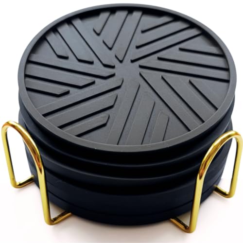 Black Coasters Set of 6 with Gold Holder, Silicone Coffee Mat Style Cup Accessories, Outdoor Coasters for Patio Table and Home Bar Decor - color: Elegant Black