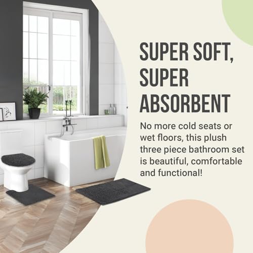 Standard 3pc Non-Slip Shaggy Chenille Bathroom Mat Set, Includes 24"x21" U-Shaped Contour Toilet Rug, 34"x21" Bathmat and 1 Toilet Lid Cover, Charcoal Gray - color: Charcoal Gray, size: 24''x21’’, 34’’x21’’ and TLC (Set)