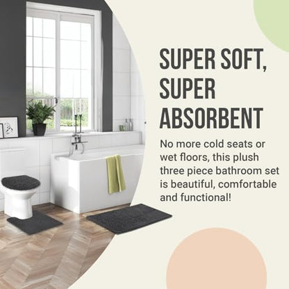Standard 3pc Non-Slip Shaggy Chenille Bathroom Mat Set, Includes 24"x21" U-Shaped Contour Toilet Rug, 34"x21" Bathmat and 1 Toilet Lid Cover, Charcoal Gray - color: Charcoal Gray, size: 24''x21’’, 34’’x21’’ and TLC (Set)