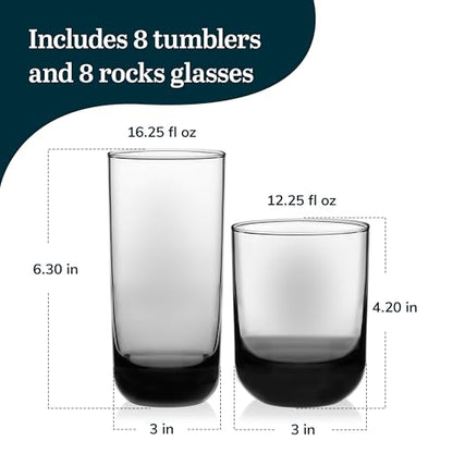 Libbey Polaris Tumbler and Rocks Glass Cups Set, Smoke Hue Mixed Drink Glasses with Straight Lines, Lead-Free, Drinkware Set of 16 for all Beverages - color: 04 - Polaris Smoke Hue