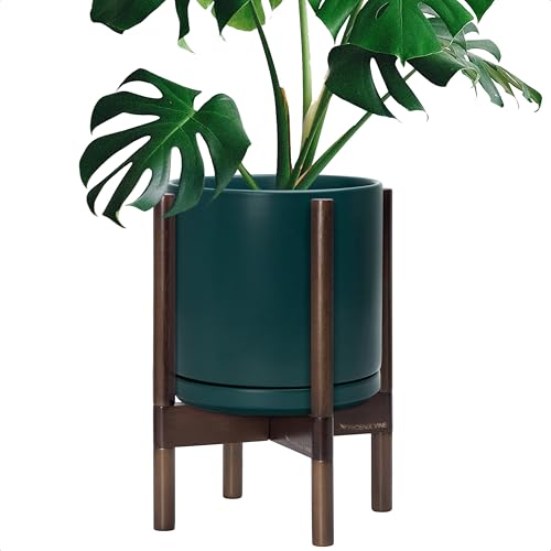 D'vine Dev Ceramic Pot with Walnut Wood Stand, Teal, 10 in, 55-B-X-4 | Mid-Century Modern Design, Raised Plant Display, Solid Beech Wood Stand, Premium Craftsmanship, Sophisticated Home Decor - color: Teal Pot + Walnut Color Stand, size: 10 Inch