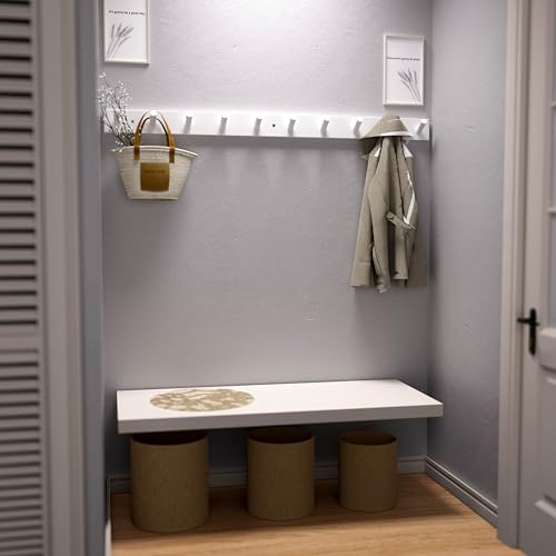 SKOLOO Wall Mounted Coat Rack 38", 10 Hooks, Bamboo, Shaker Style, White | Wood wall hooks, painted finish, 100-lb cap, entry/bath/bed, hanging backpack coat towel hat, long pegs, 16" stud spacing - color: White, size: 38 inch
