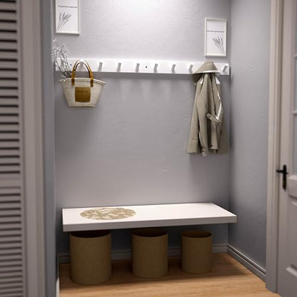SKOLOO Wall Mounted Coat Rack 38", 10 Hooks, Bamboo, Shaker Style, White | Wood wall hooks, painted finish, 100-lb cap, entry/bath/bed, hanging backpack coat towel hat, long pegs, 16" stud spacing - color: White, size: 38 inch