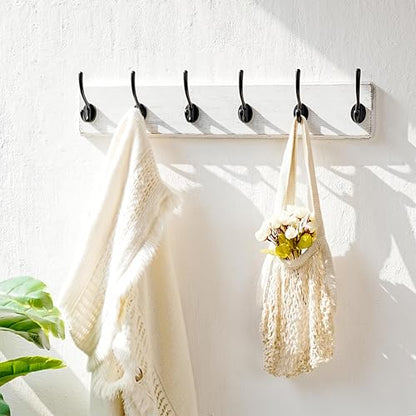 Wall Mounted Coat Rack: 24" Long, Patented, Heavy-Duty, 6-Double-Hooks Wooden Hanger Rail for Winter Coats, Hat, Jacket, Clothing - White & Black, Pack of 2 - color: White & Black, size: L=24"(2pcs)