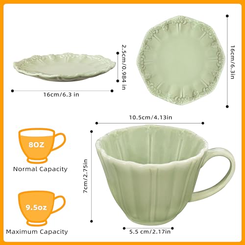 8oz Tea Cups and Saucers, Ceramic Latte Cup,Relief Cappuccino Cup and Saucer Set, Elegant Porcelain Tea Cups, Espresso Cup Set Dishwasher & Microwave Safe,Green - color: Green