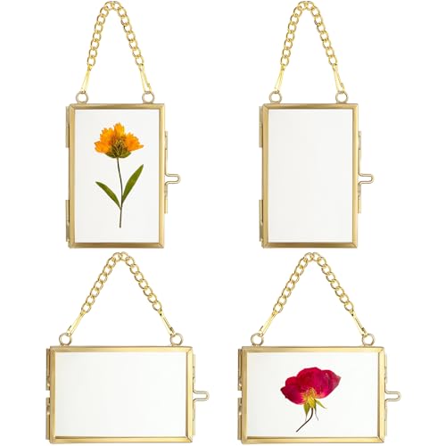 JUXYES 2x3 Hanging Mini Double Glass Picture Frame for Pressed Flower | 4 Pack Wallet Size Tiny Frame Ornament for Xmas Tree Party Wall Decor, Small Gold Brass Floating Display Frame with Chain - color: Vertical + Horizontal, size: 4 Pack