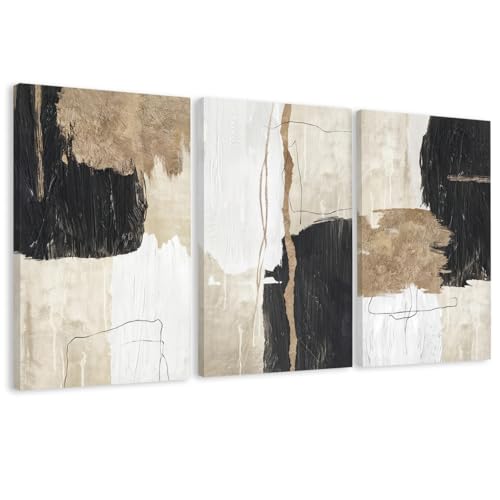 AVECCO Triptych Abstract Black Beige Gold Wrapped Canvas Wall Art 20x30 in | Gallery Wrapped Canvas, UV Fade-resistant Ink, Modern Minimalist, Ready to Hang, Living Room Office Decor, Housewarming Gift - color: Geometric, size: 30"L x 20"W