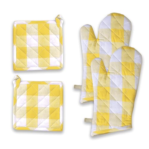 Buffalo Plaid Check Oven Mitts and Pot Holders Set, 100% Cotton, Heat Resistant, 2 Oven Gloves 7x13 Inches and 2 Hot Pads 8x8 Inches for Cooking and Baking, Lemon Yellow White - color: Lemon Yellow, Buffalo Plaid