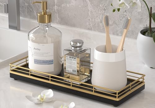Wooden Decorative Tray, Oak 11.2" L Coffee Table Tray for Kitchen Countertop Soap Sponge Holder Candle Nightstand Table Centerpieces for Dining Room Decor Black Gold - color: Gold, size: 11" x 4.3" x 1.5"
