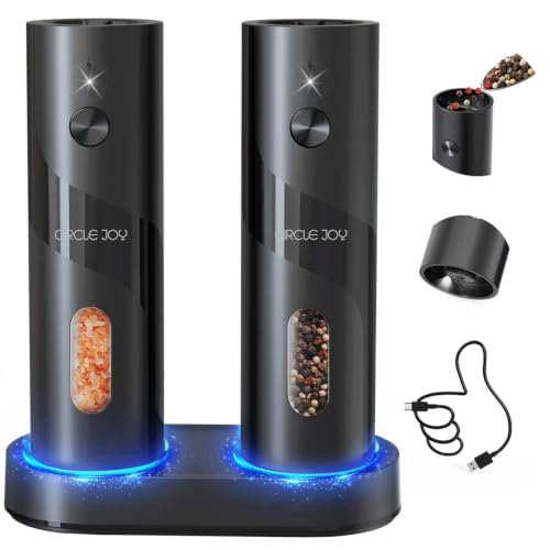 CIRCLE JOY Electric Rechargeable Salt and Pepper Grinder Set Top-Refill Automatic Pepper Mill Grinder with Charging Base, Adjustable Coarseness, Easy Filling Larger Capacity with Led for Home Kitchen - color: Black