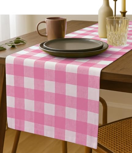 Mauve Rose Buffalo Check Table Runner, 13x72 Inches, 100% Cotton, Washable, Reusable Farmhouse Dining Table Décor, Perfect for Baby Showers, Birthdays, Weddings and Everyday Use - color: Rose Pink, size: 72" x 13" (Rectangular)
