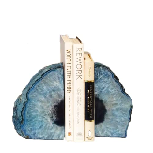 JIC Gem Heavy Blue Agate Geode Bookends Anti-Slip Rubber Pads Decor 6-8 lbs | 1Pair dyed blue crystal bookends Large heavy book stoppers Home office shelf decor Polished gemstone decorative bookends - color: Blue Dyed, size: 6-8LBS.