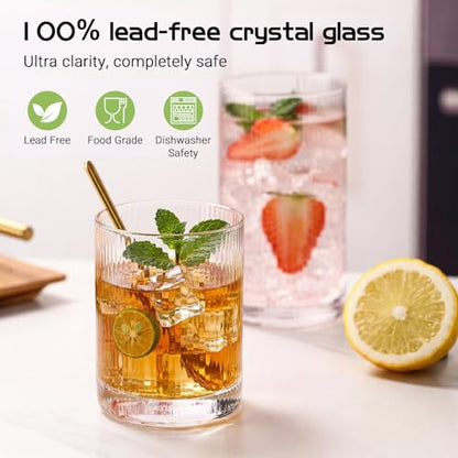 JOVGANK Drinking Glasses Set of 8 – Lead-Free Crystal Glassware, 4 Tall 15oz & 4 Short 10oz Vintage Ribbed Tumbler Glasses, Dishwasher Safe, for Juice Beer Cocktails, Great Housewarming Gift, Set A - style: H