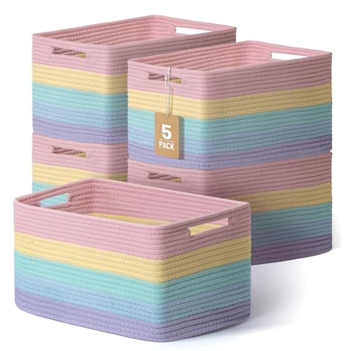 5 Pack Woven Storage Baskets, Decorative Storage Bins for Organizing | 13.8'' × 9.8'' × 7.9'', Cute Cotton Rope Basket Organizer for Closet, Shelves, bathroom, Nursery, Toys, Books, Rainbow - color: Rainbow