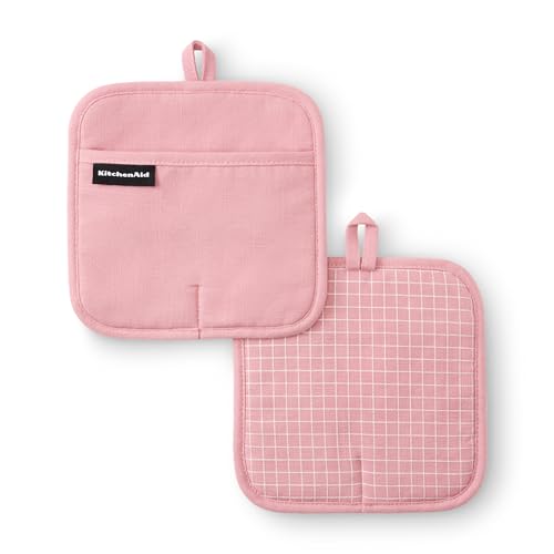 KITCHENAID Gourmet Series Gridlines Pot Holders 2-Pack Set, Heat Resistant up to 600°F, Soft Silicone Grip, Magnetic Cuff, Dried Rose, 8"x8" - color: Dried Rose