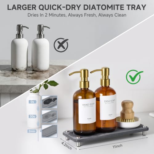 Kitchen Soap Dispenser Set, 2 Pack 16oz Amber Glass Dish Soap and Hand Soap Dispenser with Gold Stainless Steel Pumps, Quick Dry Tray, Dish Brush & Holder, Refillable Soap Dispenser for Kitchen Sink