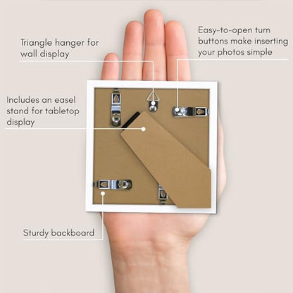 Americanflat 4x4 Picture Frame - Slim Molding - White | Shatter-resistant glass, wall or tabletop display with included easel, triangle hangers included, secure turn-tab backing - color: White, size: 4x4