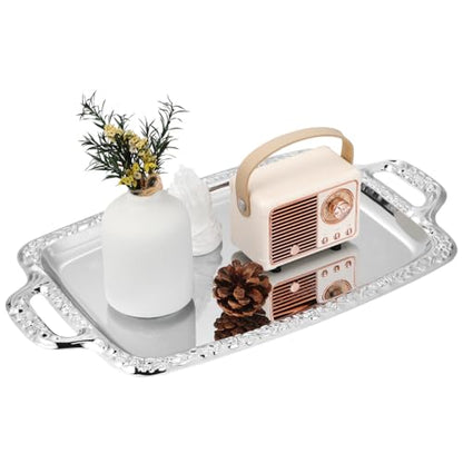 Metal Serving Tray, Silver Large Rectangular Antique Serving Platter, European Retro Style Tray for Cookies, Charcuterie, Snacks, Desserts, Fruit, Party Food (39. 00x23. 00x1. 70cm)