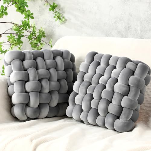 Wenqik 2 Pcs Knot Pillows Square Knotted Plush Throws Soft Accent Pillows Decoration Cushion for Couch Home Office Living Room Bedroom Bed Sofa Decor, 12'' x 13''(Light Gray,Crystal Velvet) - color: Light Gray