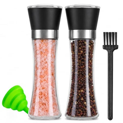 Premium Salt and Pepper Grinder Set of 2, 6 oz Refillable Glass Salt and Pepper Shakers with Adjustable Ceramic Grinder, Manual Pepper Mill Set Includes Funnel & Cleaning Brush, ransparent Lid - color: Black, size: 2.5"W x 7.5"H
