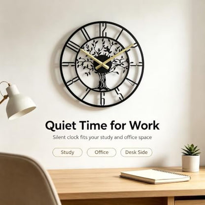 Wall Clock for Living Room Decor 14 inch Tree of Life Metal Wall Art, Non-Ticking Battery Operated Metal Black for Office/Bedroom/Kitchen/Dining Room Decoration - size: B 14 Inch